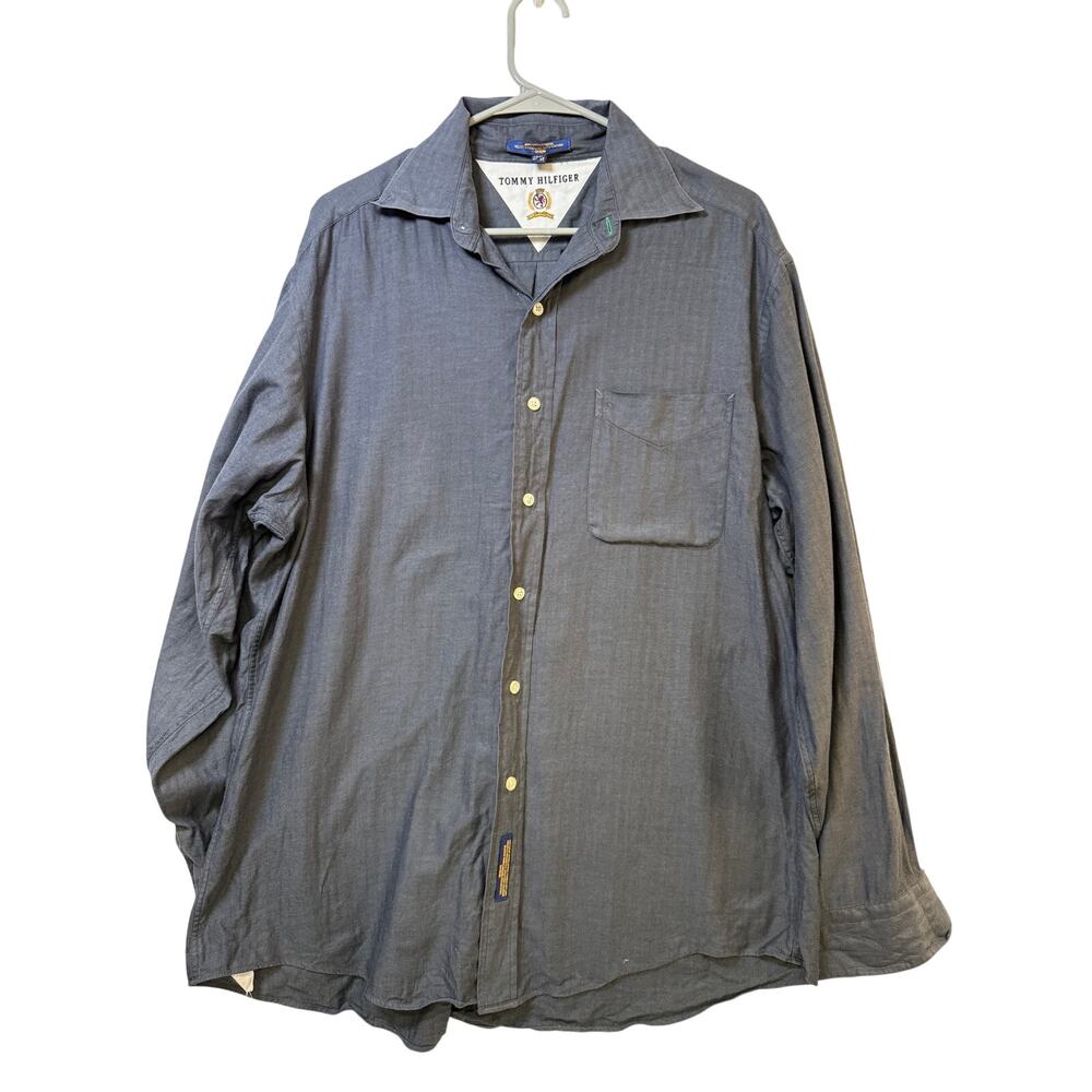 Vintage 1998 Tommy Hilfiger Mens 15.5 Gray Herringbone Button Shirt